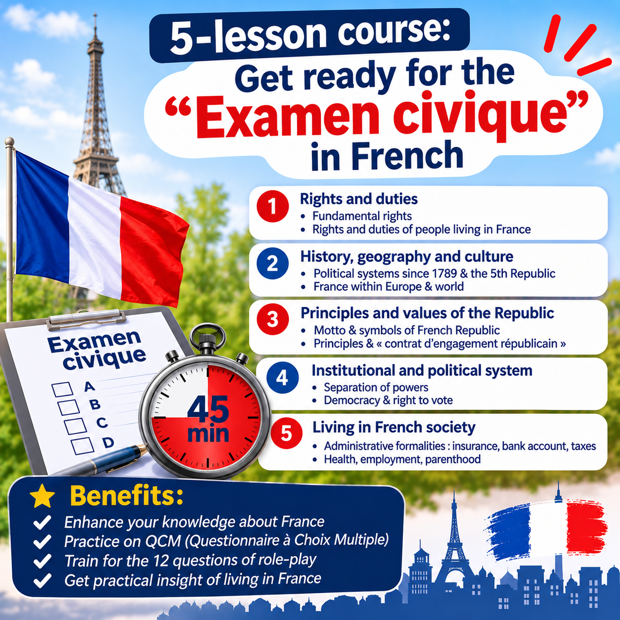 5-lesson course - Examen civique in French (A2-B1)
